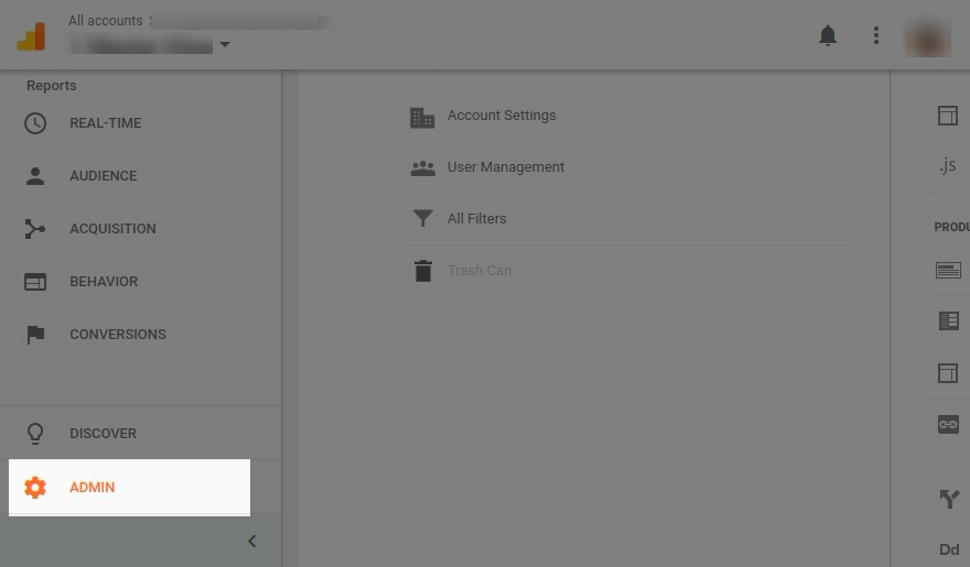 Click Admin in the left panel in Google Analytics