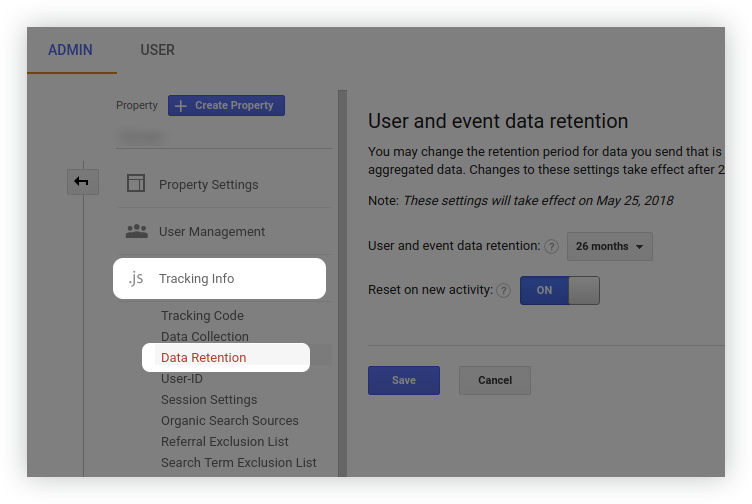 Data retention settings in Google Analytics