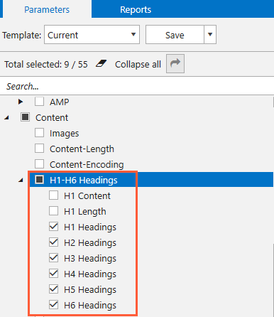 H1-H6 headings analysis in Netpeak Spider