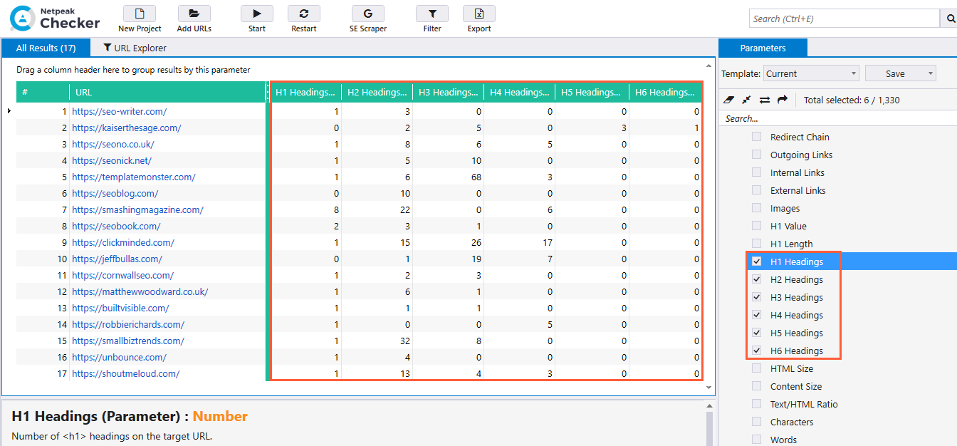 Content structure check for a list of domains in Netpeak Checker