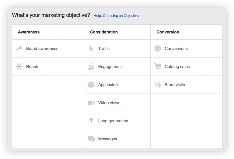 Marketing objective options for Facebook campaigns