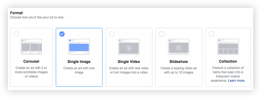 Selection of&nbsp;Facebook ad&nbsp;formats